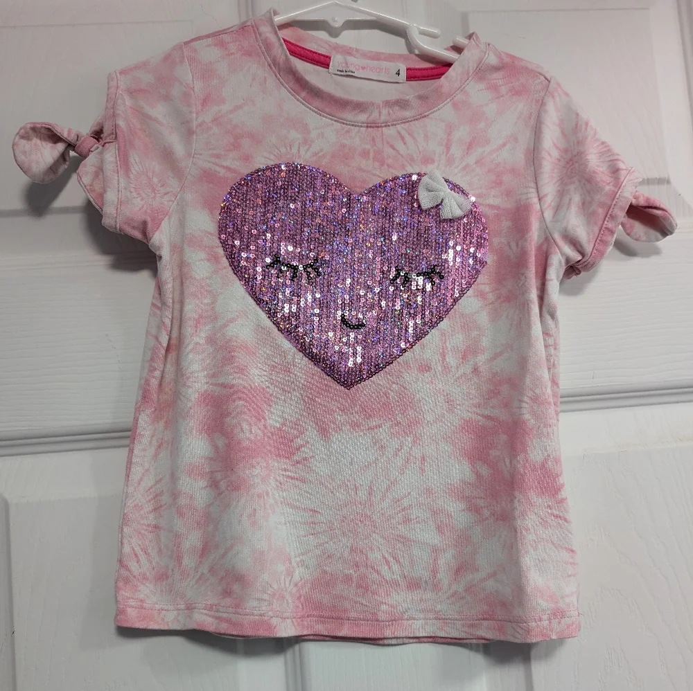 Pink and Purple Tie-Dye Short Sleeve Tee with Sequin Heart - Picture 1 of 6